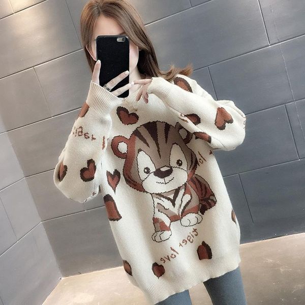 

women's sweaters kawaii animal print knitwear women fashion autumn winter mujer loose jacquard o-neck pullover sweater korean style laz, White;black