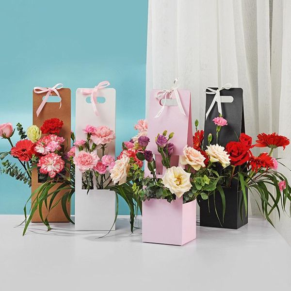

gift wrap pink white waterproof kraft paper bag portable flower boxfor florist packing box valentine's day decoration