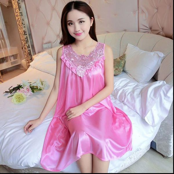 

satin night dress lace womens sleepwears ice silk smooth nightwear summer sleeveless nightgown vestidos, Black;red