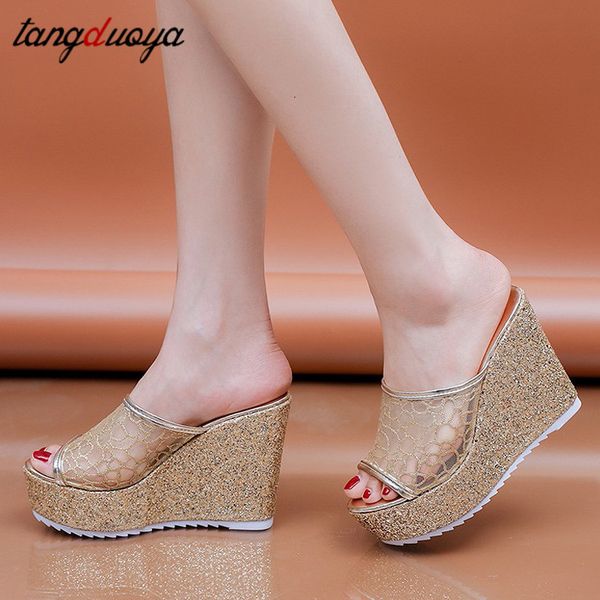 

summer women platform slippers dames bling shining slides casual beach wee high heels sandals, Black