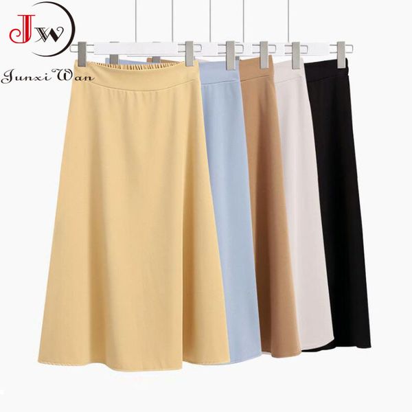

women summer long skirt korean fashion casual faldas elegant chic all-match high waist solid a-line pleated skirts saias 210510, Black