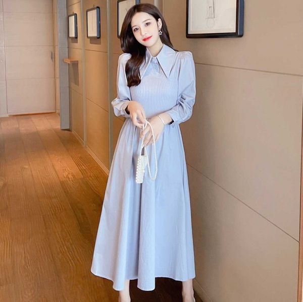

spring summer elegant lady knit stitching turn down collar a-line mid-calf dress lantern sleeve slim casual dress 210514, Black;gray