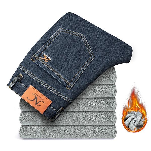 

men's jeans plus size winter fleece fit slim thicken warm denim pants mens straight stretch casual trousers male brand, Blue