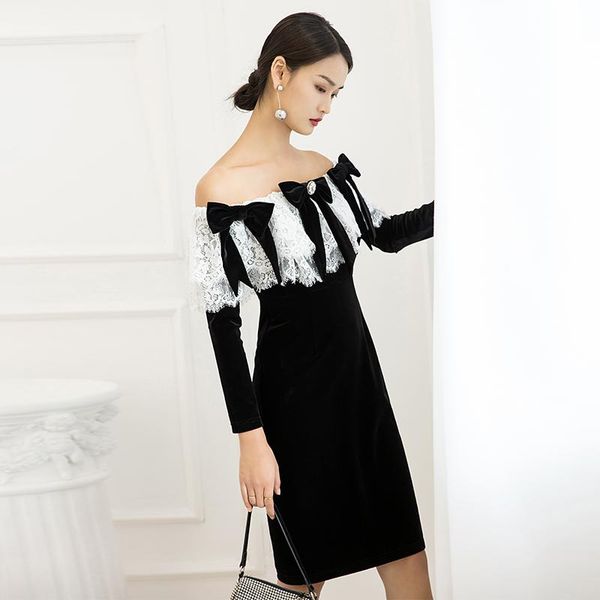 

fashion women black bodycon dress elegant slash neck velvet empire slim 66193 casual dresses, Black;gray