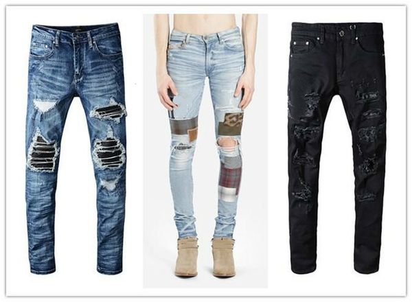 

mens distressed classic designer brand black jeans skinny ripped destroyed stretch slim fit hop pants w29 w40, Blue