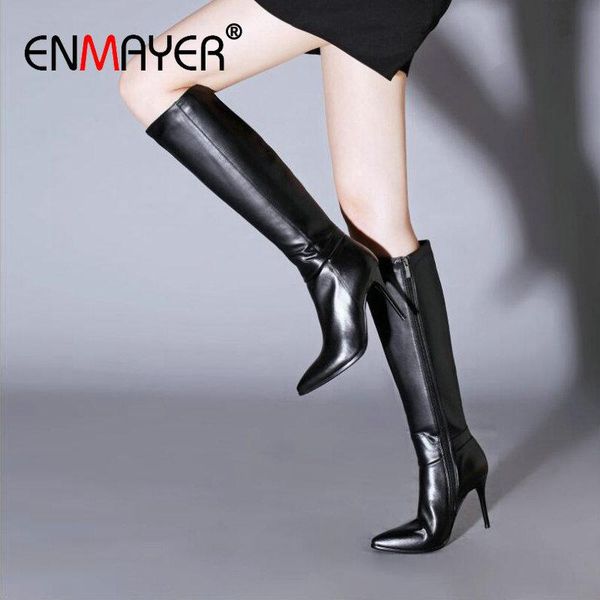 

boots enmayer thin high heel pu sewing pointed toe knee-high 2021 winter shoes women round fashion 34-43, Black