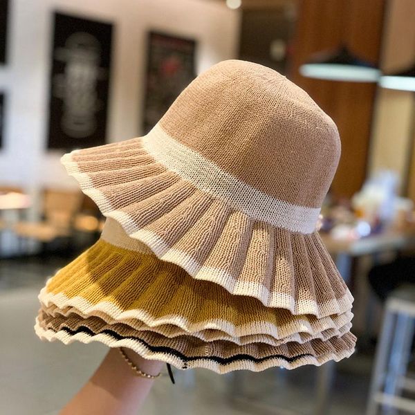 

wide brim hats 202106-kannuo28 knitted fabric pleated leisure lady sun cap women hat, Blue;gray