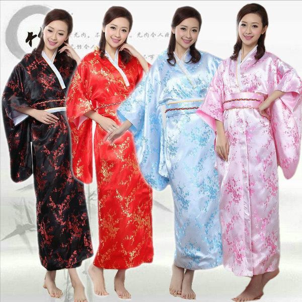 

japanese women's silk satin kimono yukata haori with obi performance dance dress vintage evening  ethnic clothing, Red