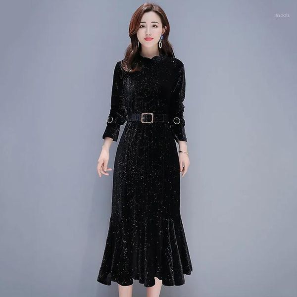 

shiny ruffle hem striped velvet dress elegant slim evening party mermaid dresses mid-length with belt long sleeve vestidos casual, Black;gray