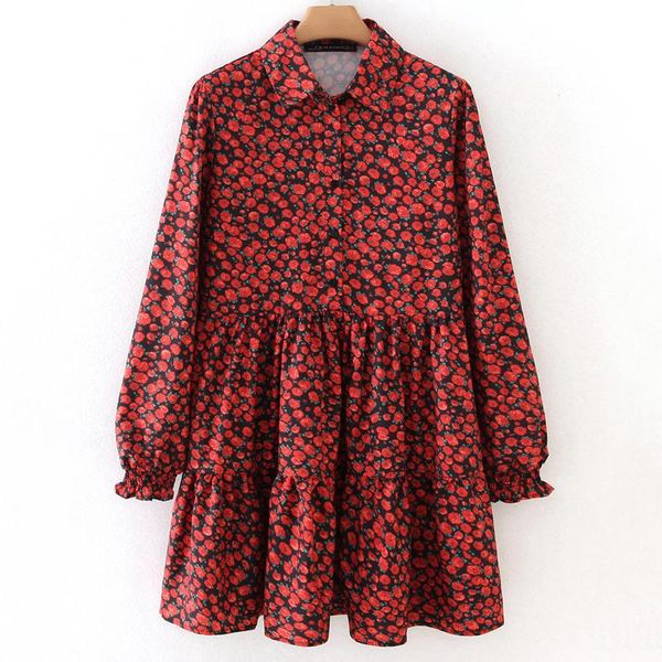 

casual dresses vintage stylish floral print pleated midi dress women 2021 fashion lapel long sleeve female chic vestidos mujer, Black;gray