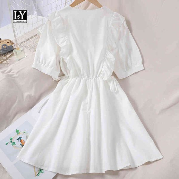 

dresses new summer solid slim short ruffled casual a-line v-neck puff sleeve knee-length women dress, Black;gray