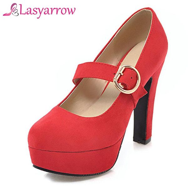 

lasyarrow big size 32-43 super high thick heels shoes spring autumn pumps buckle strap retro round toe wedding women dress, Black