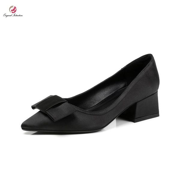 

dress shoes original intention stylish black large bow knot pumps woman party pointed toe square heels mature plus size