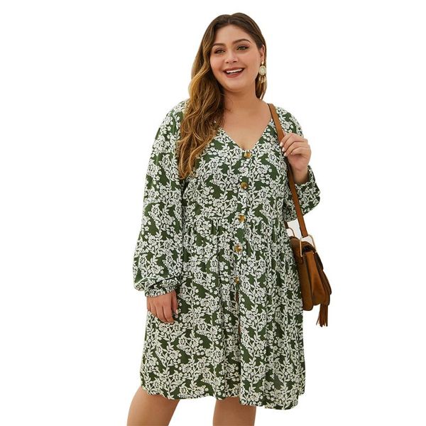 

casual dresses 2021 spring designs v-neck long sleeve plus sizes print style women dress, Black;gray