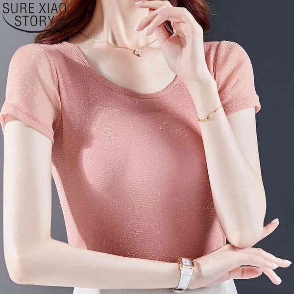

plus size solid bright yarn mesh blouses summer o-neck pink short sleeve bottoming shirts women ladies 9562 210417, White