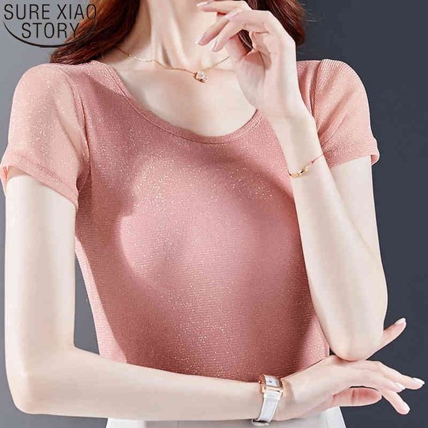 Plus Größe Solide Helle Garn Mesh Blusen Sommer Oansatz Rosa Kurzarm Bottoming Shirts Frauen Damen Tops 9562 210417