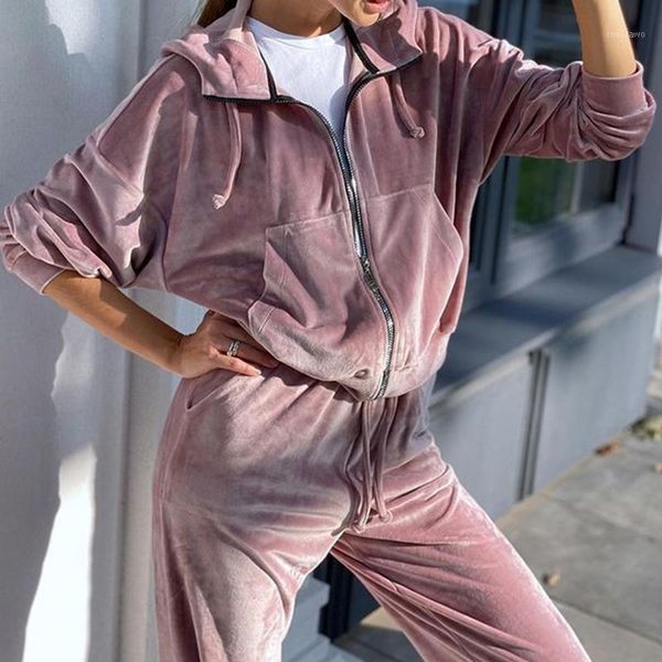 

women's two piece pants women elegant velet set long sleeve zipper jackets and sports casual hooded suits ladies drawstring outfits 202, White