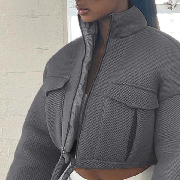 

women's jackets mesh plaid autumn spring coat women trend turtleneck zipper pocket crop jacket solid slim drawstring female outerwear, Black;brown