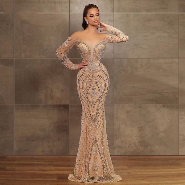 

champagne beaded mermaid prom dresses long sleeve off the shoulder dubai glitter robe de soiree arabic evening dress 2021 women party gowns, Black