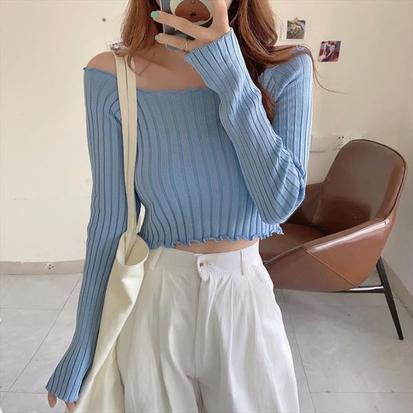 

slash neck shirts female women sweater full sleeve solid knitted vintage elastic pullovers casual crop, White;black