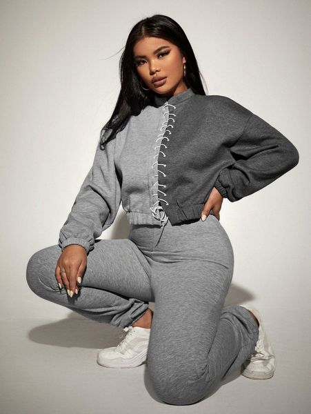 

two tone lace up front drop shoulder pullover & sweatpants x2v9#, White