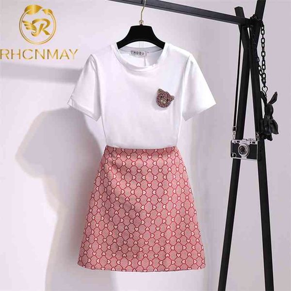 

summer fashion women's sets beading diamond short sleeve white tshirts + jacquard pink skirts students suits 210506