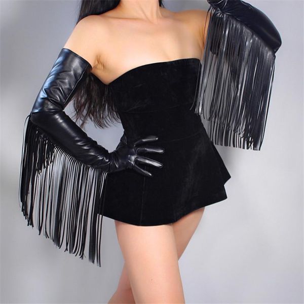 

five fingers gloves tech long faux leather pu 28" 70cm black extra fringe tassel arms women' touchscreen pu168, Blue;gray