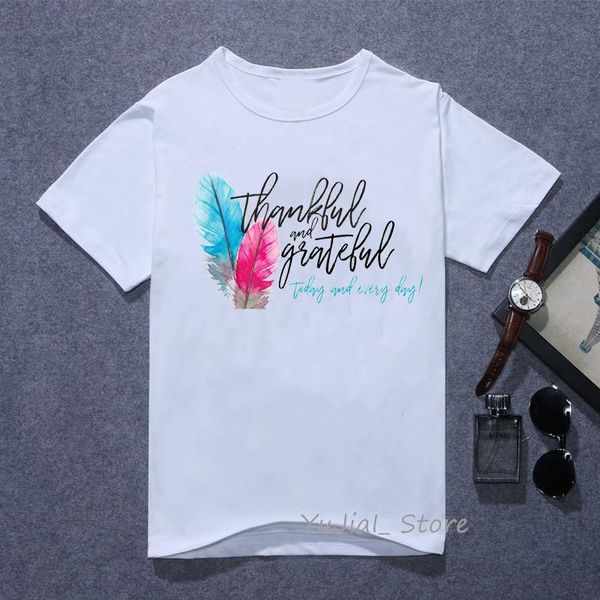 

women's t-shirt fashion women summer letter thankful grateful blessed feather printed graphic tee shirt femme cute white t
