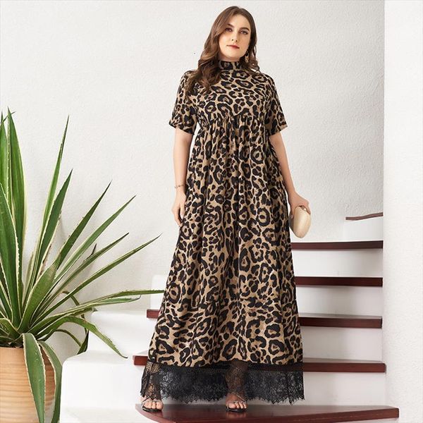 

summer plus size elegant women dresses leopard print lace hem patchwork short sleeve stand collar vintage party maxi robes, Black;gray