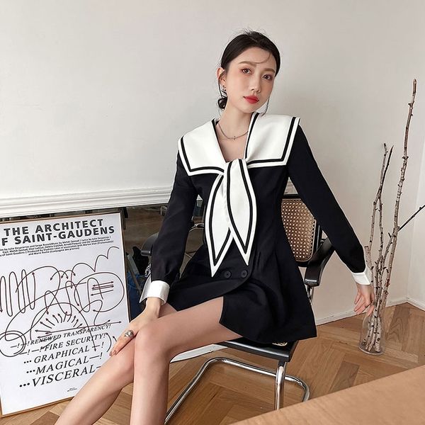 

casual dresses sailor collar long sleeve korean women preppy style double-breasted black white mini spring fashion atj3, Black;gray