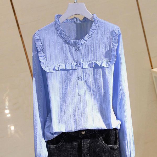 

women's blouses & shirts fashion design cotton 100% women summer 2021 ruffles neck long-sleeved solid elegant office lady outwear, White