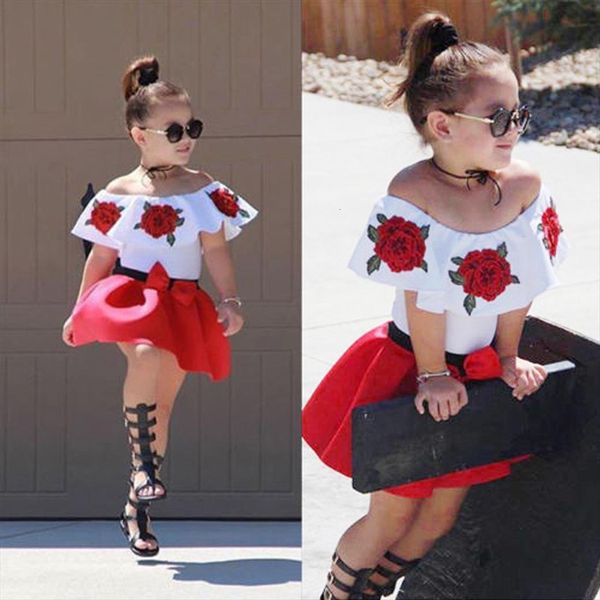 

floral toddler baby girls sets sleeveless off shoulder embroidery rose skirts outfits set summer skirt girl cloth, White