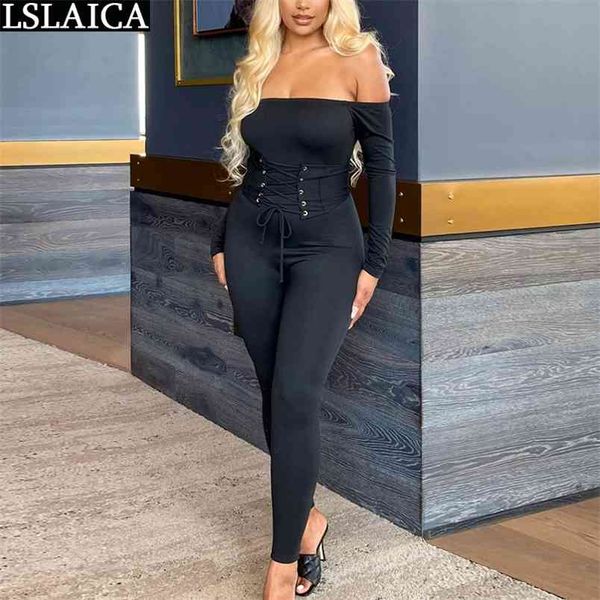 

long sleeve bodysuit solid women rompers slash neck skinny fashion jumpsuit autumn & club plus size overalls 210515, Black;white