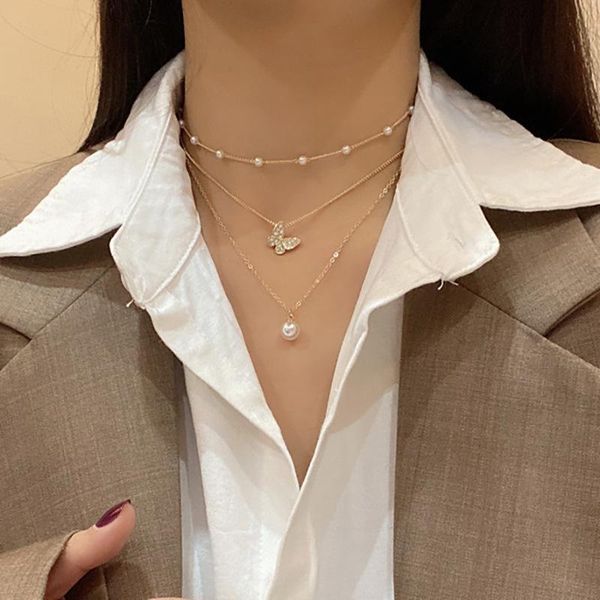 

chains fashion simulated pearl choker necklaces for women korean cute layered chain butterfly pendant necklace jewelry gift, Silver