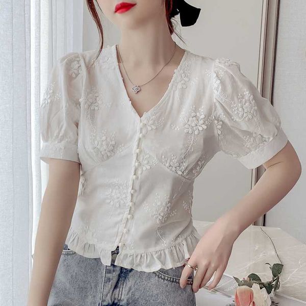 Verão coreano chiffon blusa mulheres sólidas tops retro cintura alta v coleira fina bolha manga lace camisa para menina 14068 210527