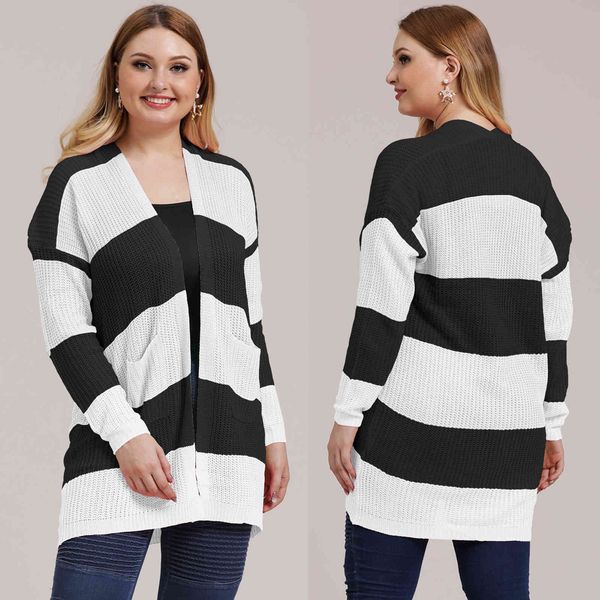 

women's plus size large bla and white contrast stitching woven jaet versatile sweater cardigan 443
