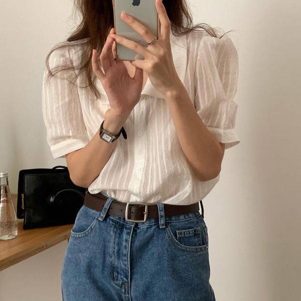 

women's blouses & shirts alien kitty vintage streetwear summer office lady 2021 retro slim femme short sleeves women chic gentle, White