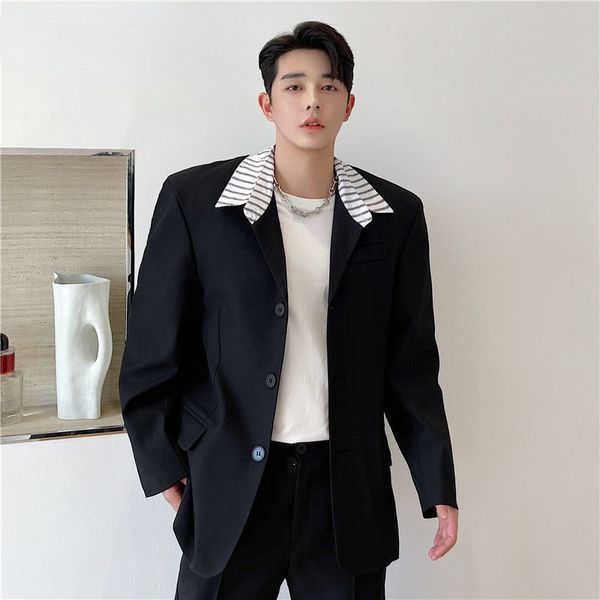 

korean trend striped contrast color collar men's suit coat 2021 autumn new casual niche design blazer black white clothes, White;black