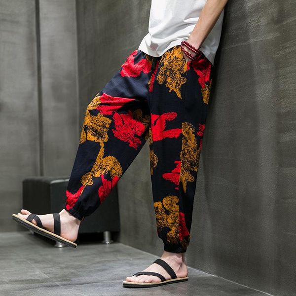 

men's pants 2021 summer style chinese cotton linen printing casual nine-point retro plus size sports foot men, Black