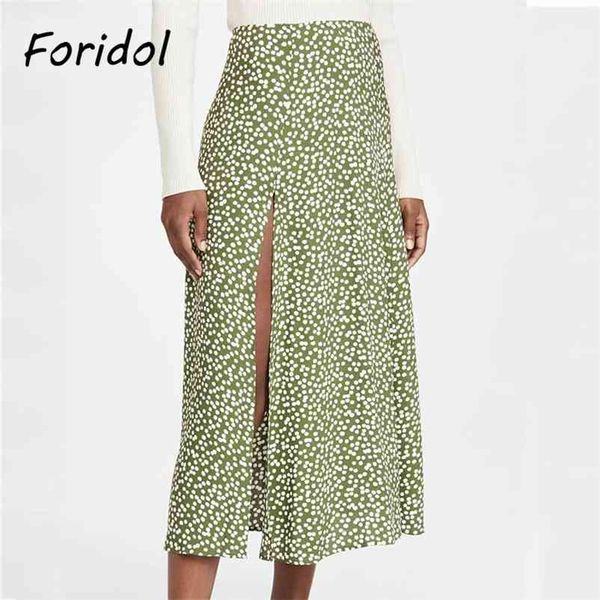 

foridol polka dot side slit long skirts womens high waist boho summer maxi skirt bottoms casual a-line beach green skirts 210415, Black