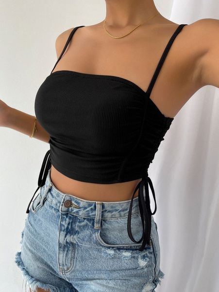 

solid drawstring crop cami f8ww#, White