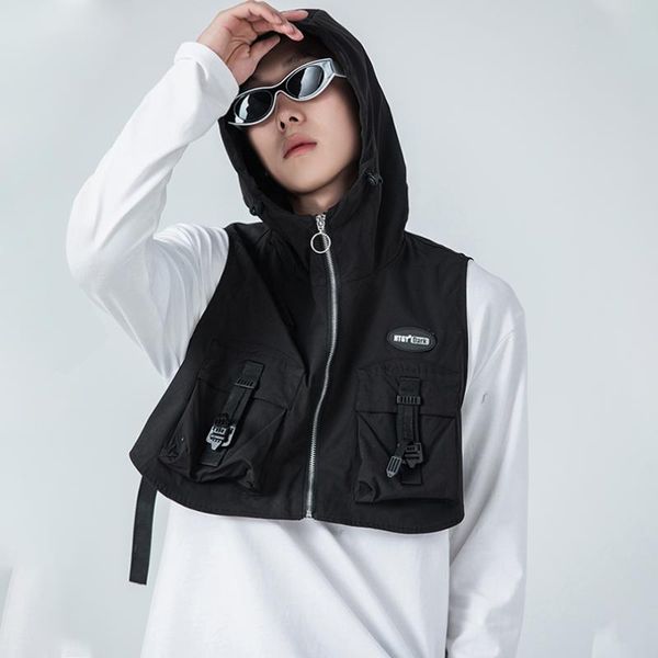 

men's vests funtional half length zipper men hooded jackets coats techwear overalls tactical sleeveless cargo streetwear top, Black;white