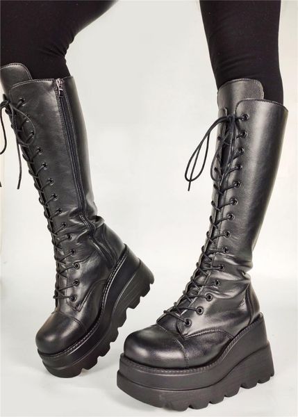 

boots big size 35-43 fashion women's high platform zip shoelace shoes woman casual party female wedges heels, Black