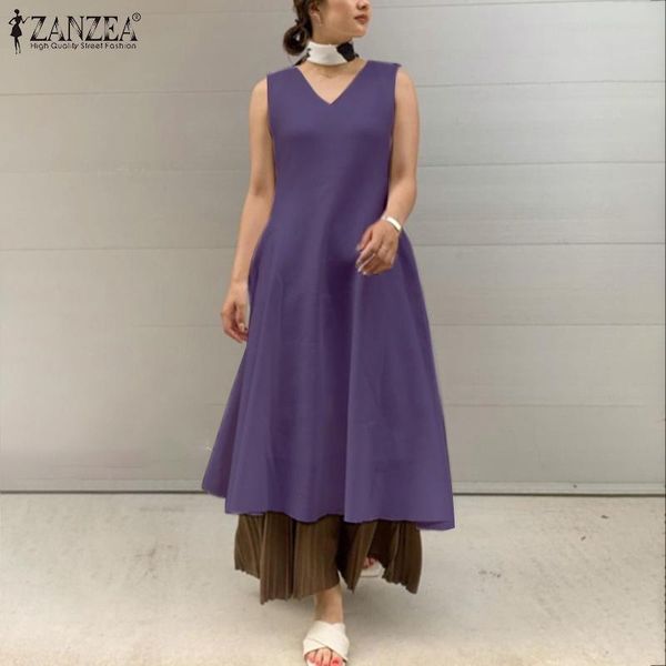 

casual dresses summer holiday patchwork long sundress elegant v-neck robe loose zanzea women sleeveless vestidos femme plus size, Black;gray