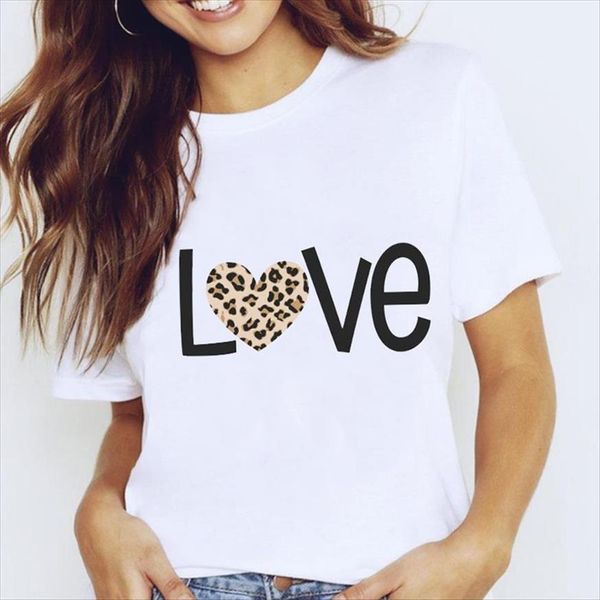 

graphic leopard love letter womens t shirt fashion summer short sleeve spring clothes tees print female, White