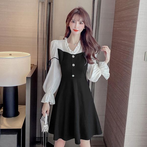 

casual dresses women korean dress fashion one piece autumn winter spring 2022 office lady full sleeve patchwork mesh zipper, Black;gray