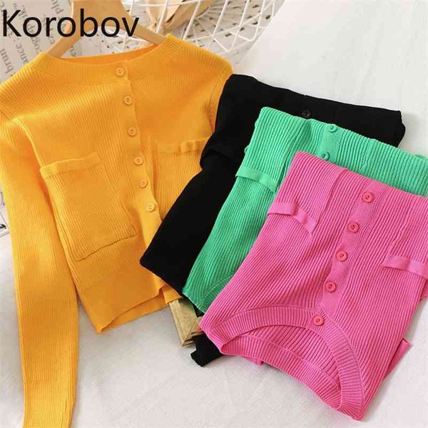 

korobov summer new o neck long sleeve cardigans korean solid knitted sweet sweaters vintage single breasted crop 210430, White