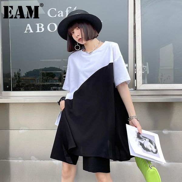

women's t-shirt [eam] women black spliced irregular casual big size round neck short sleeve fashion tide spring summer 2021 1dd8115, White