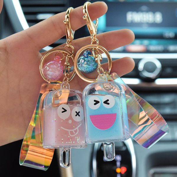 

keychains wholesale creative key chain quicksand keychain cute face liquid floating cream keyring backpack pendant couples gift, Silver