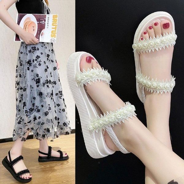 

sandals wedge women's summer thick-soled one-word strap beach shoes student, Black